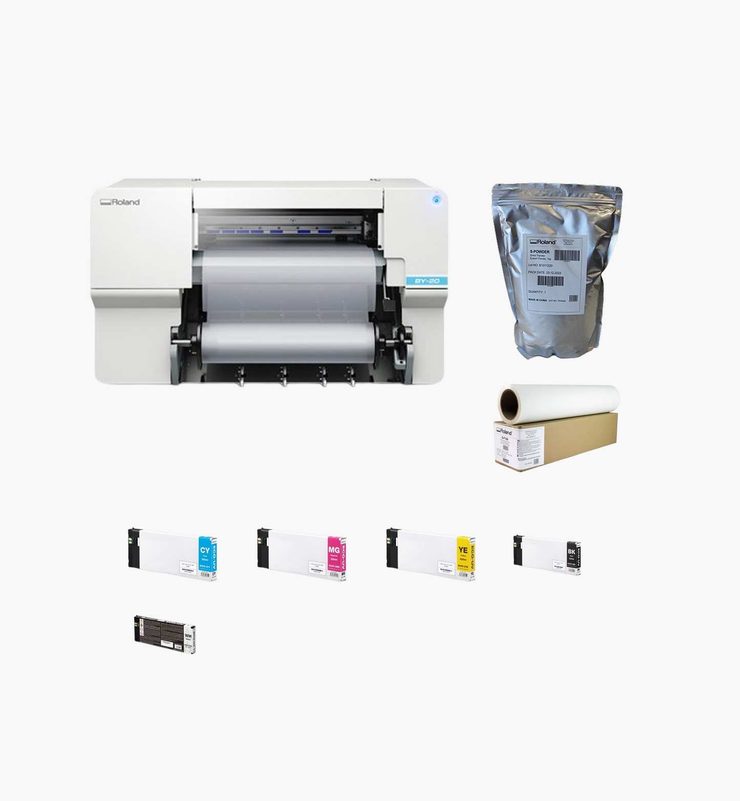 Direct-to-Film Printer & Cutter - BY-20 + CMYKW Inks + DTF Powder + Media Roll Bundle